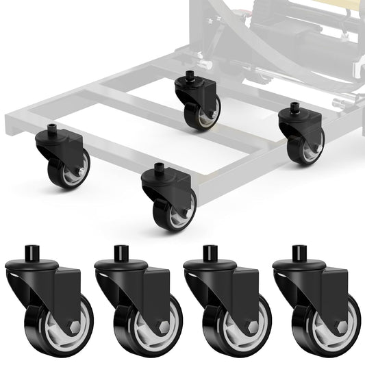 Four replacement caster wheels for Riosoc electric stair climbing dolly, shown installed and as a 4-piece set.