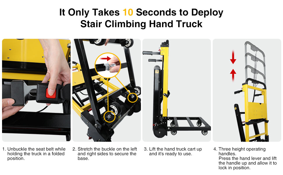 Step-by-step guide to deploy the stair climbing hand truck in 10 seconds, including seat belt release, buckle securing, cart lifting, and height adjustment.