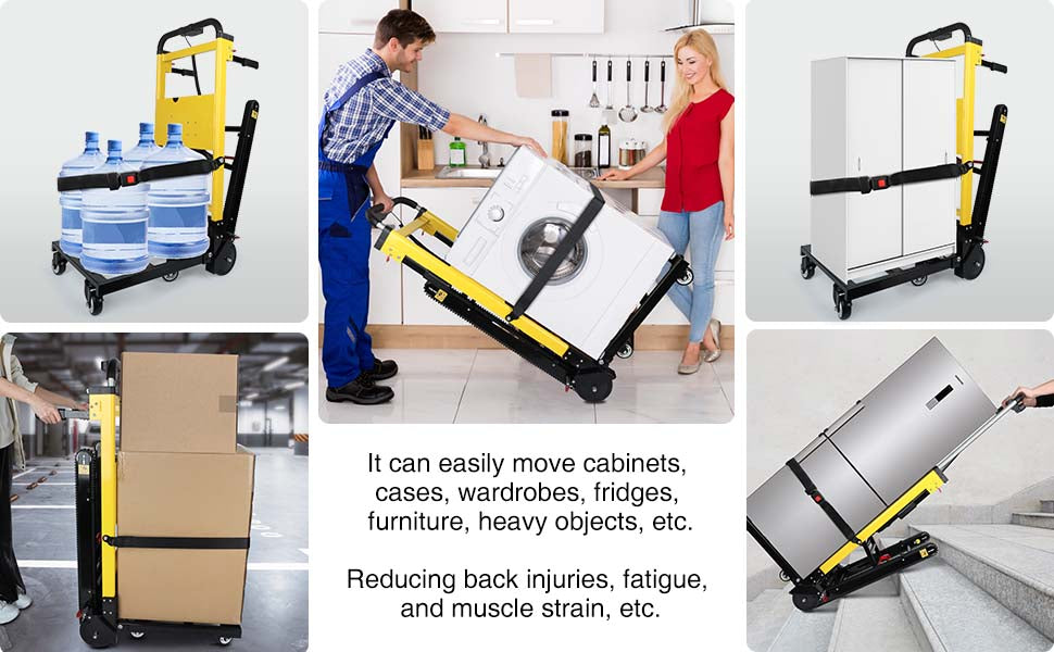 Versatile stair climbing hand truck carrying cabinets, water bottles, wardrobes, refrigerators, and boxes, reducing back injuries, fatigue, and muscle strain.