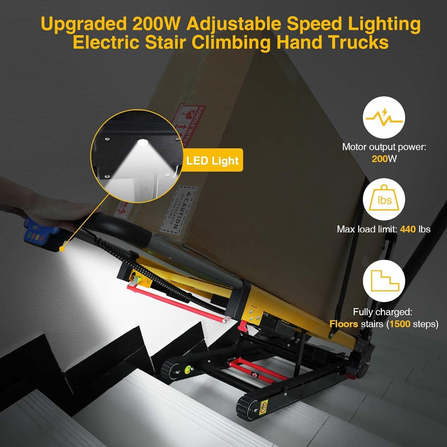 Upgraded 200W electric stair climber with adjustable speed, LED light, 440 lbs max load, and 1500-step capacity on a full charge.