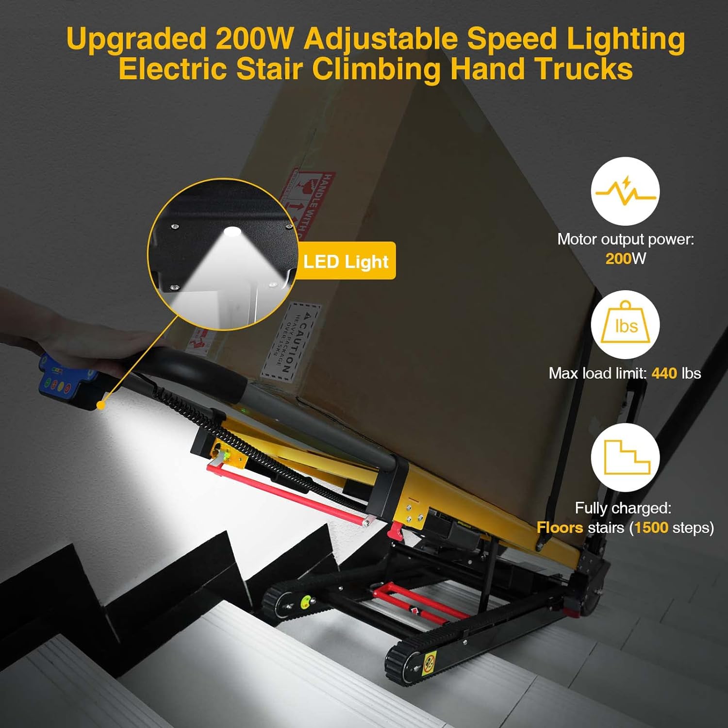Upgraded 200W electric stair climber with adjustable speed, LED light, 440 lbs max load, and 1500-step capacity on a full charge.